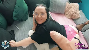 curvy beauty sucks and fucks while talking to her affiliate on