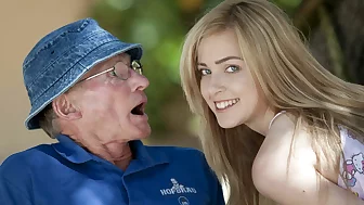 Beautiful teen sucks grandpa gone away from and she swallows it all